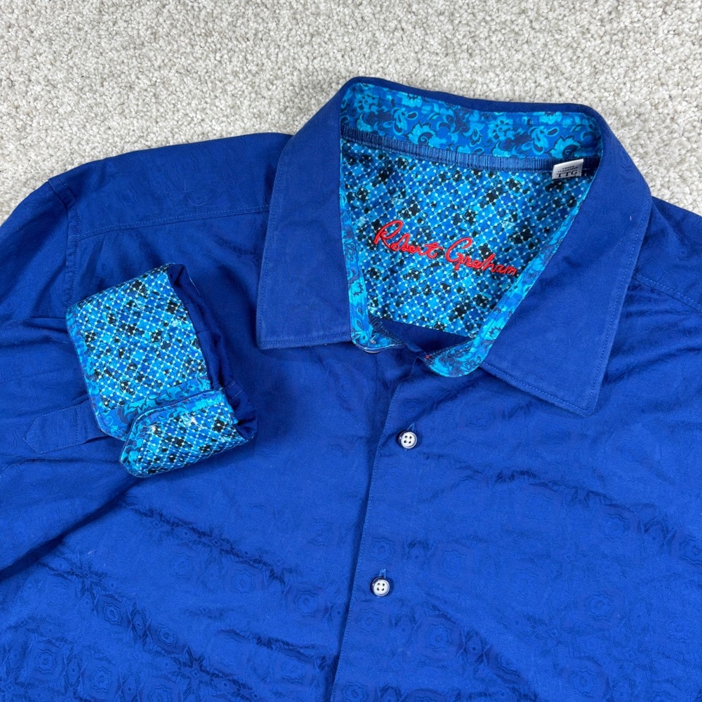 Robert Graham Button Down Men 2XL Blue Jacquard Floral Trim Classic Fit Shirt